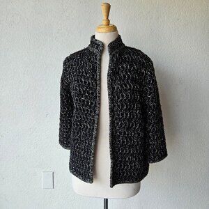Vintage 70s 80s Black Acrylic KNit Open Front Cardigan Lurex Golden Silver M/L